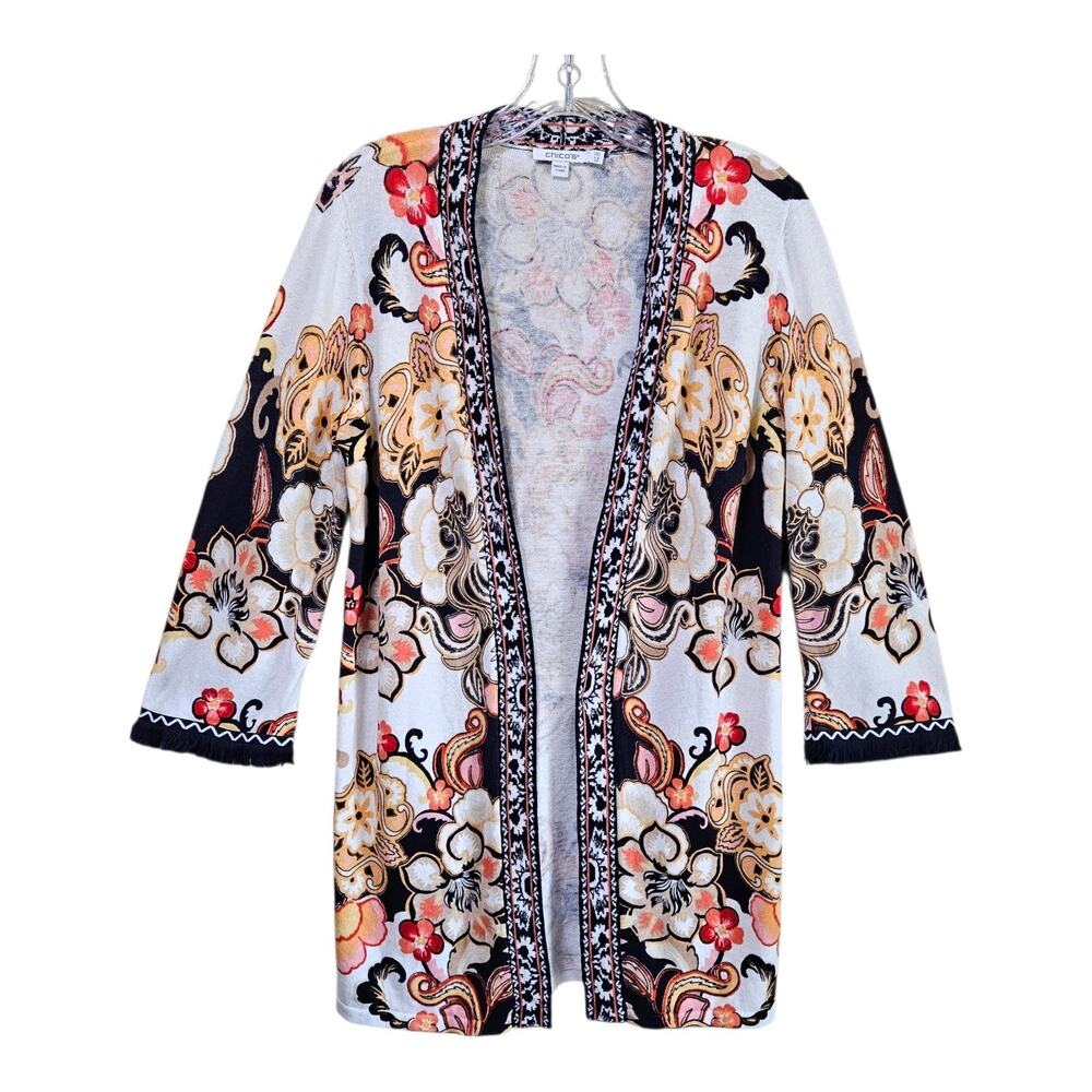 CHICO'S 00 Women's XS Cardigan Sweater Boho Floral Multicolor Fringe Linen Blend